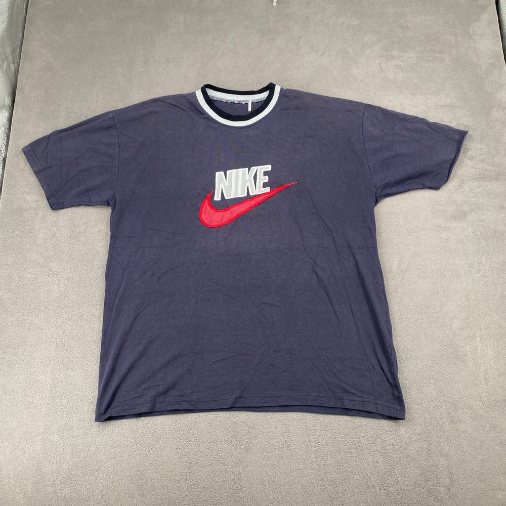 Vtg Nike Y2K Ringer T-Shirt Navy Blue Embroidered Swoosh Logo Mens XL 7990